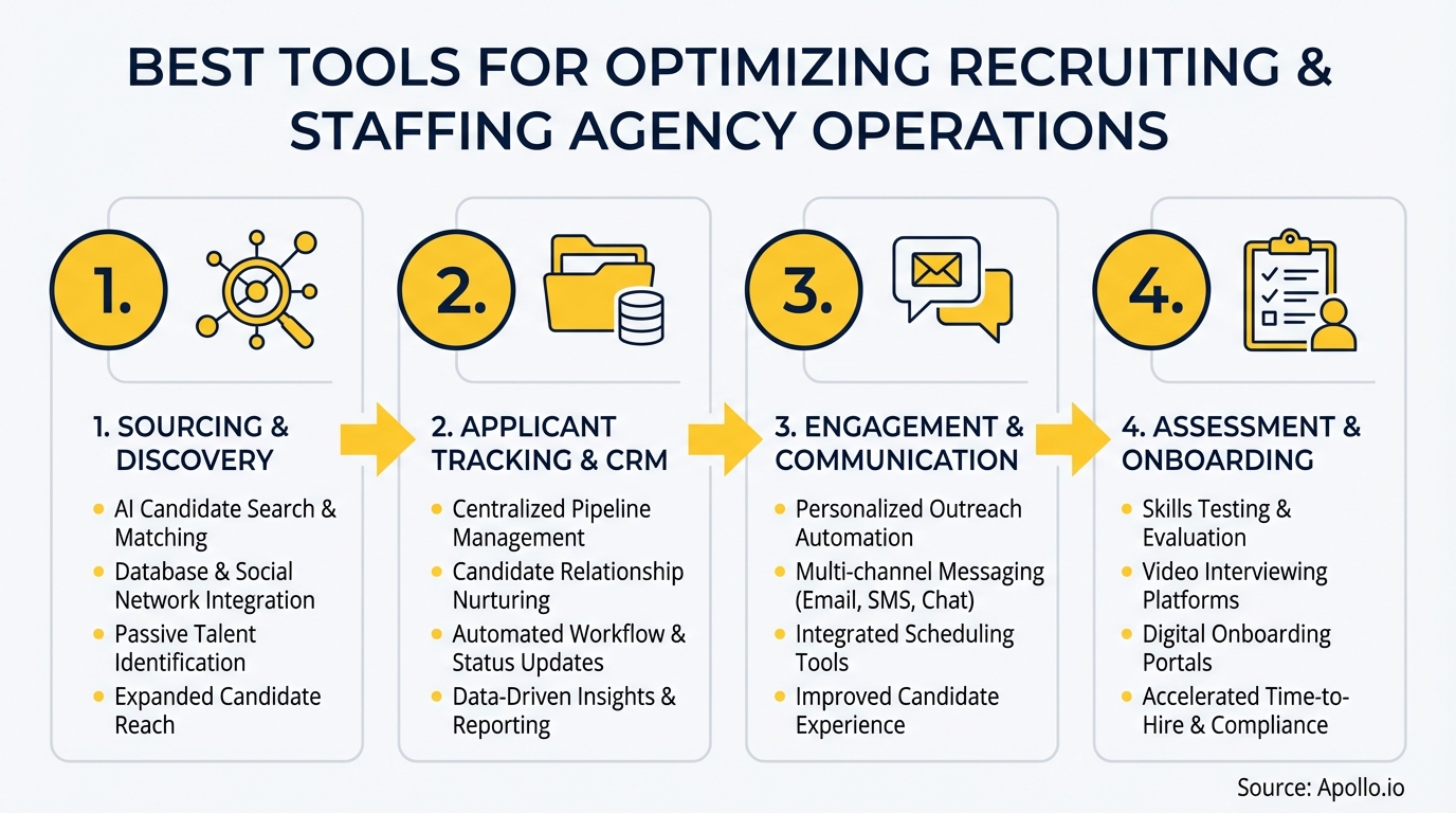 A four-step infographic outlines tools for recruiting and staffing agencies, detailing sourcing, tracking, communication, and onboarding.