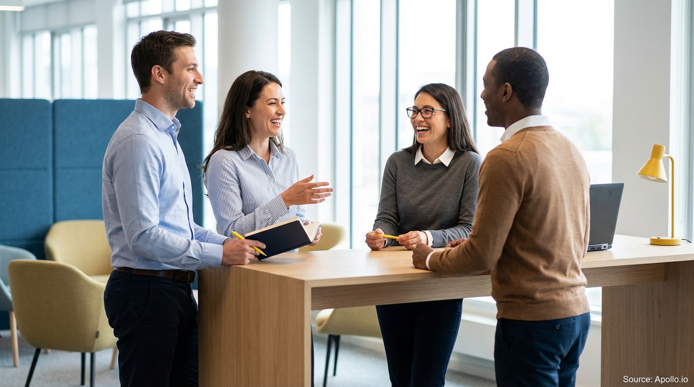 Four diverse professionals smiling and conversing at a stand-up table in a modern office.