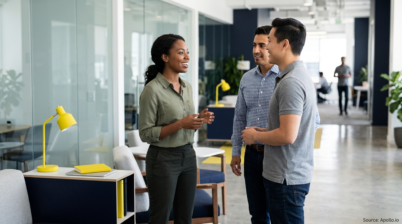 Three diverse professionals talk together in a bright, modern office with yellow lamps and glass walls.