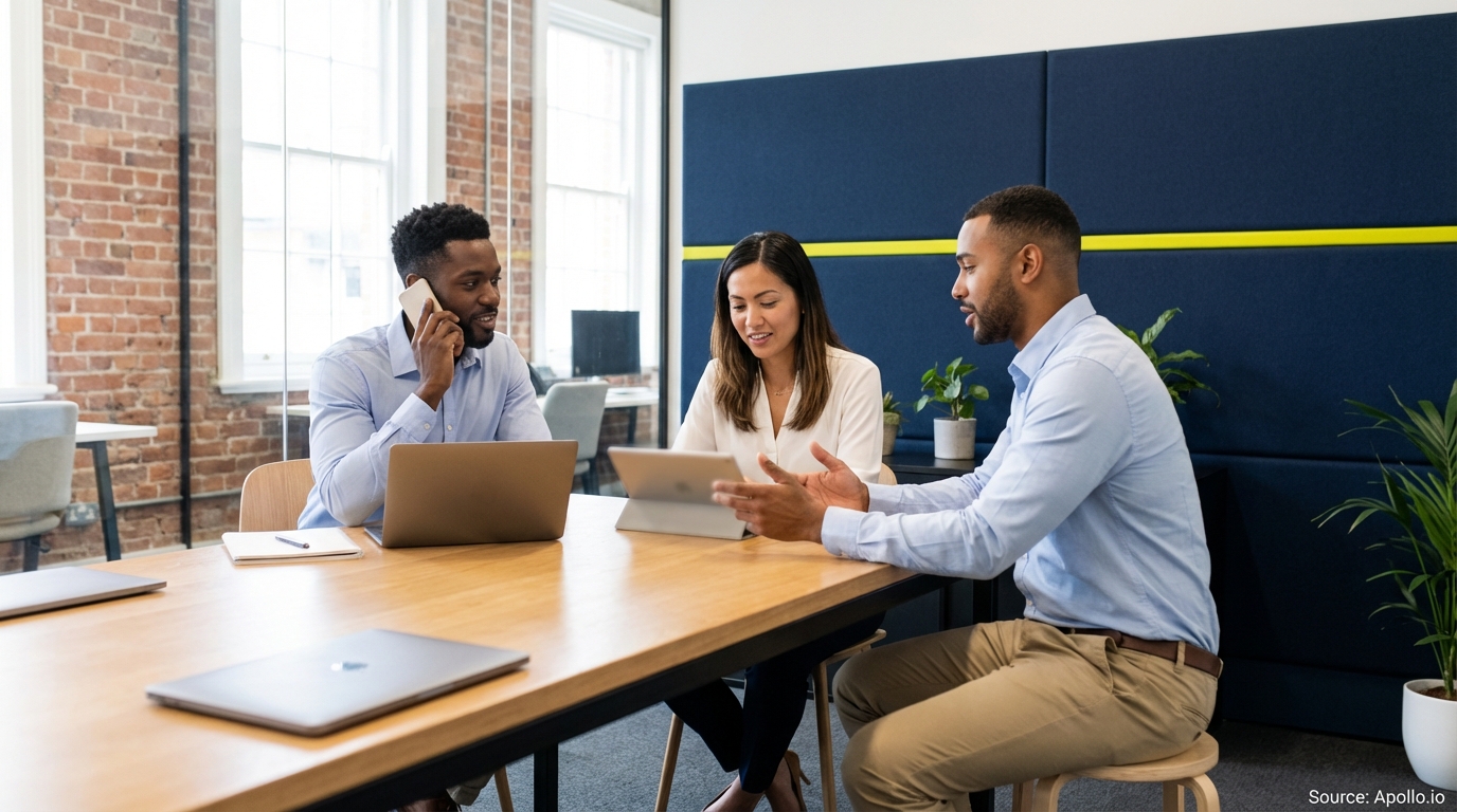 Three professionals collaborate at a modern office table, one on a phone call as two review a tablet.