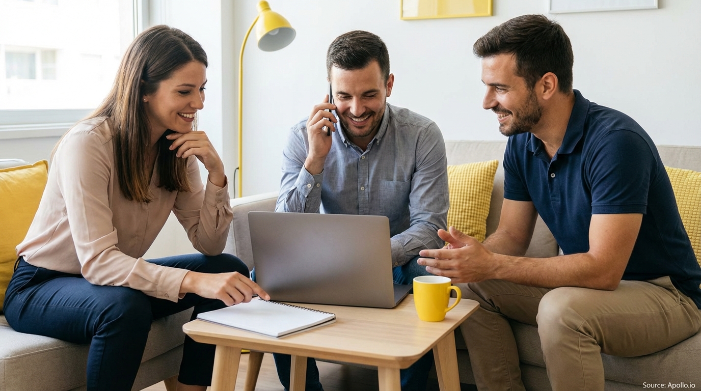 Three smiling professionals reviewing a laptop and notebook in a modern office lounge.