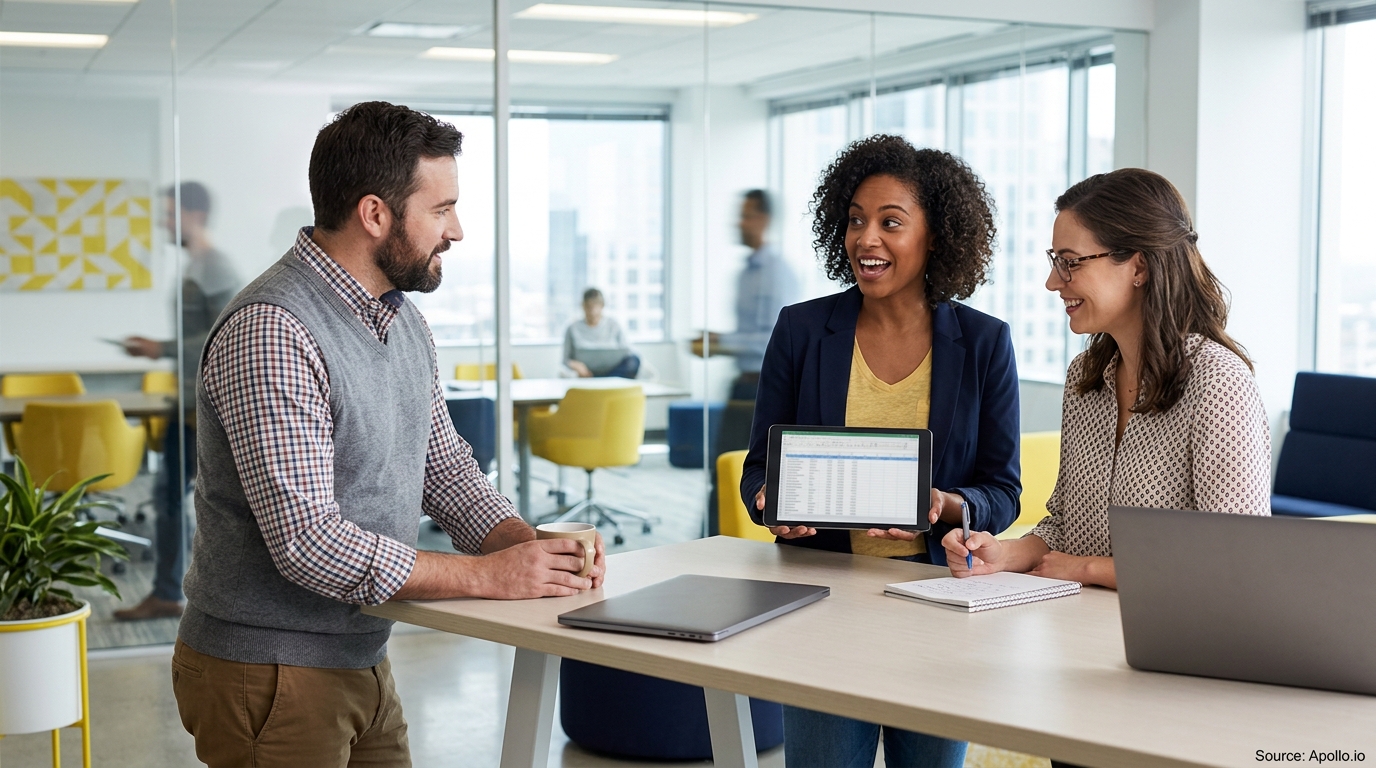 Three professionals review a spreadsheet on a tablet while standing at a high table in a modern office.