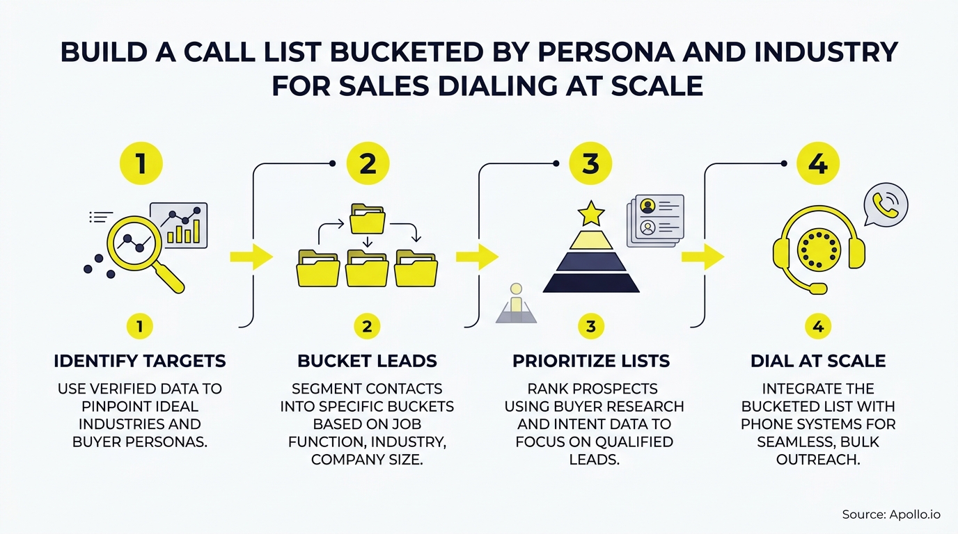 A four-step diagram outlines identifying targets, bucketing leads, prioritizing prospects, and dialing sales leads at scale using numbered icons.