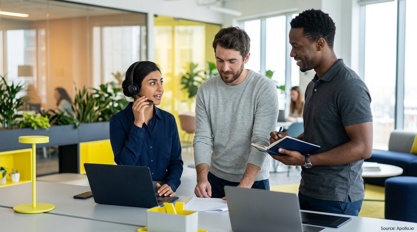 Three professionals, one wearing a headset, collaborate around laptops and documents in a bright, modern office.