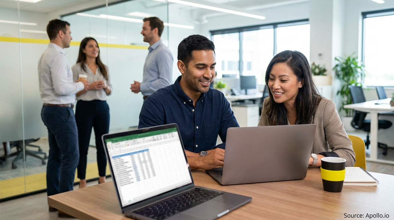 Five colleagues work in a modern office, two analyzing a spreadsheet on a laptop.