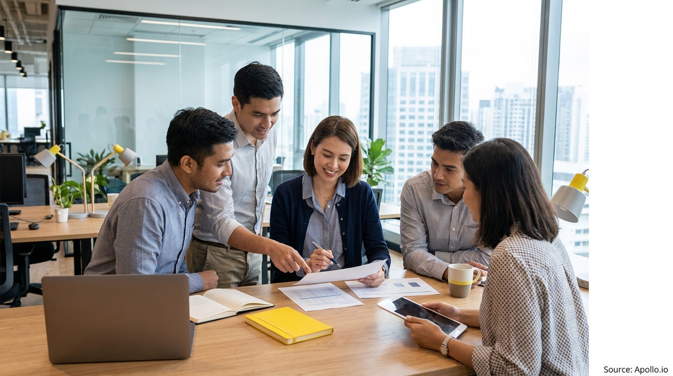 Five colleagues collaborate on documents and a tablet at a modern office table.