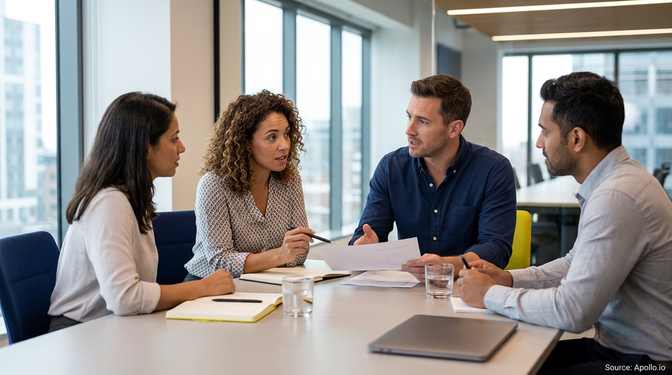 Four professionals discuss documents and take notes around a conference table in a bright, modern office.