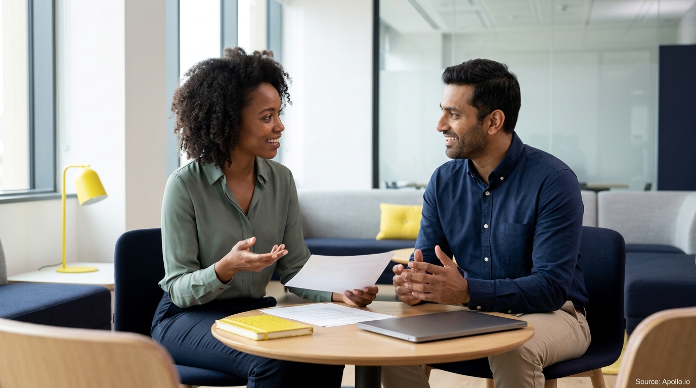Two professionals discuss paperwork while sitting at a round table in a bright, modern office.