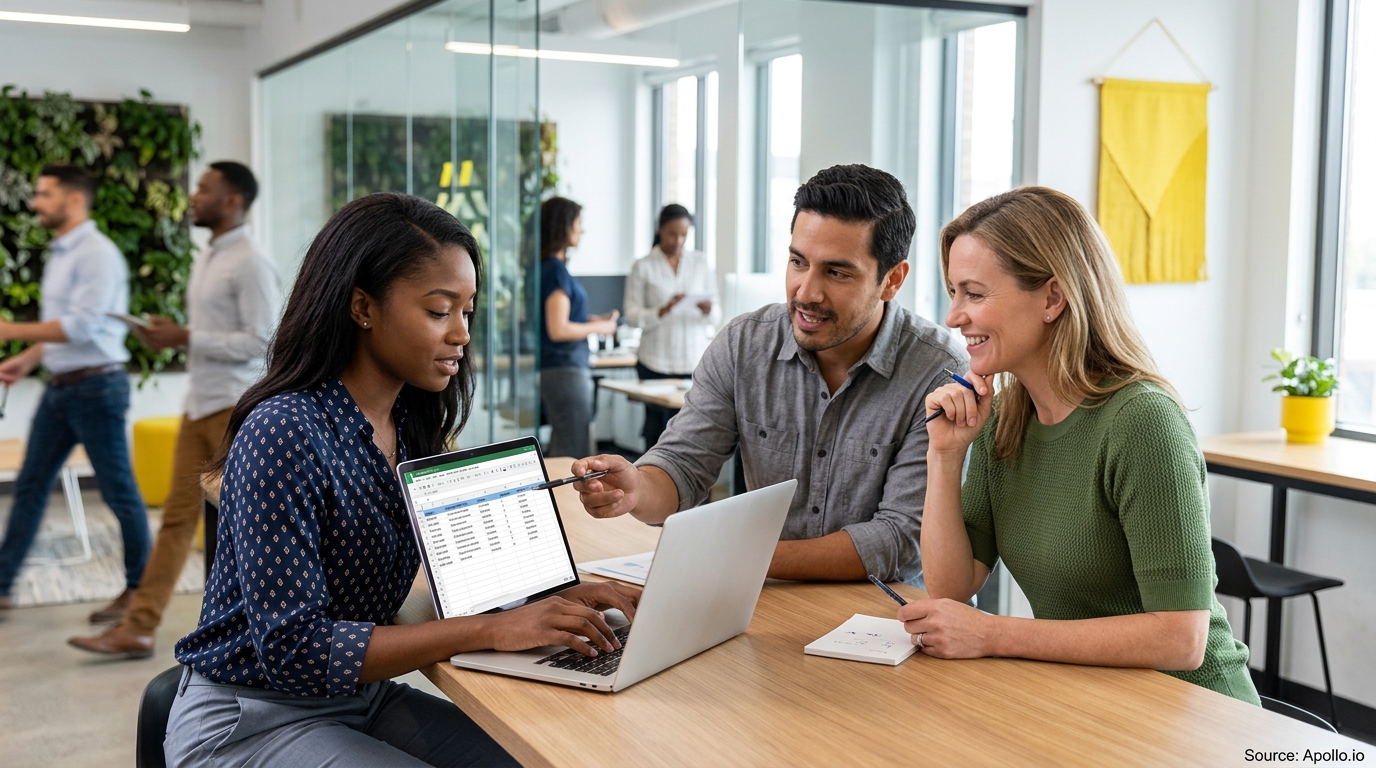 Three colleagues review a spreadsheet on a laptop together at a table in a modern office.