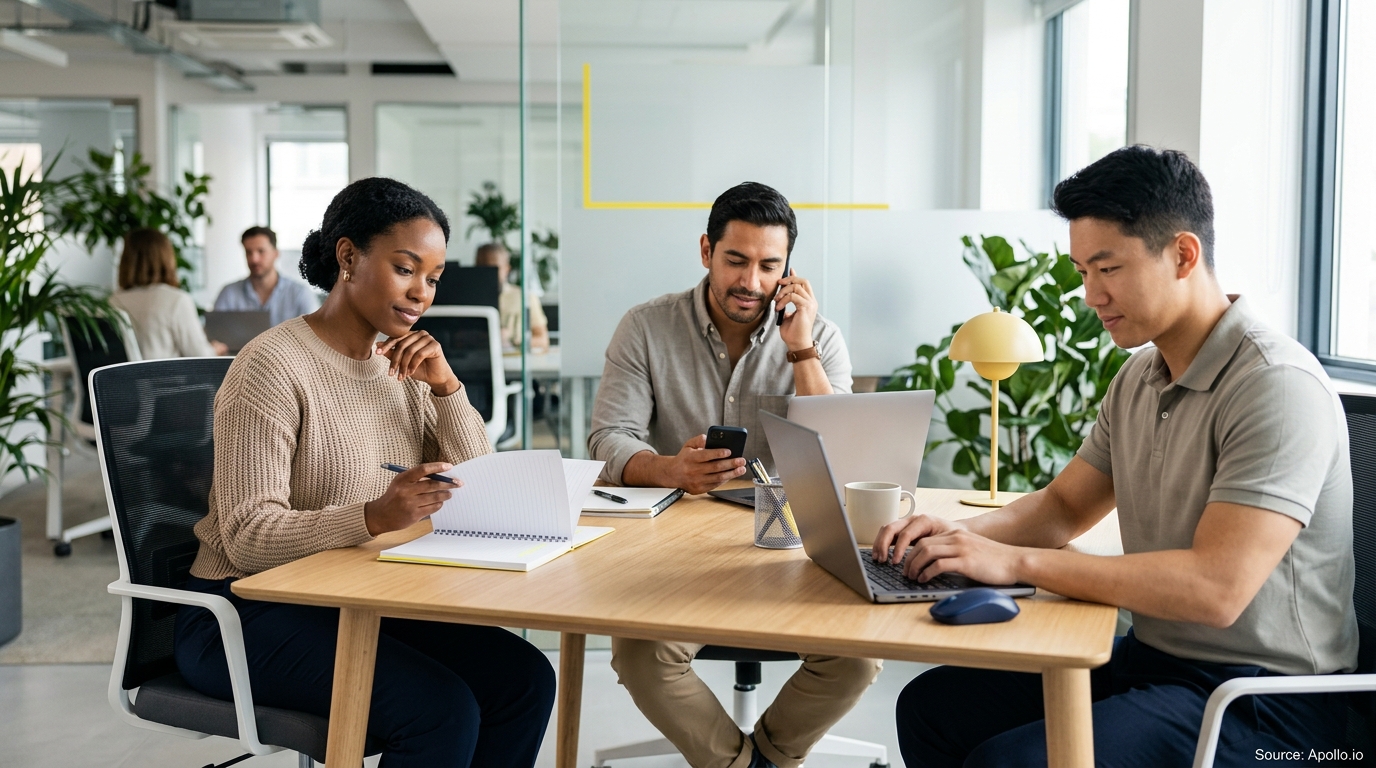 Three colleagues work collaboratively at a wooden table in a modern office using laptops and a notebook.