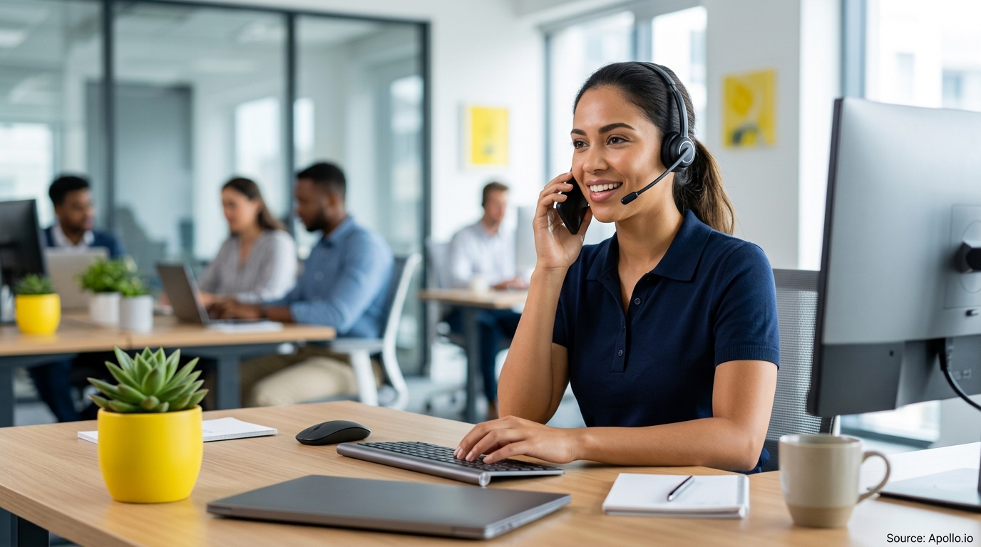 A woman wearing a headset works at a computer alongside three colleagues in a bright, modern office.