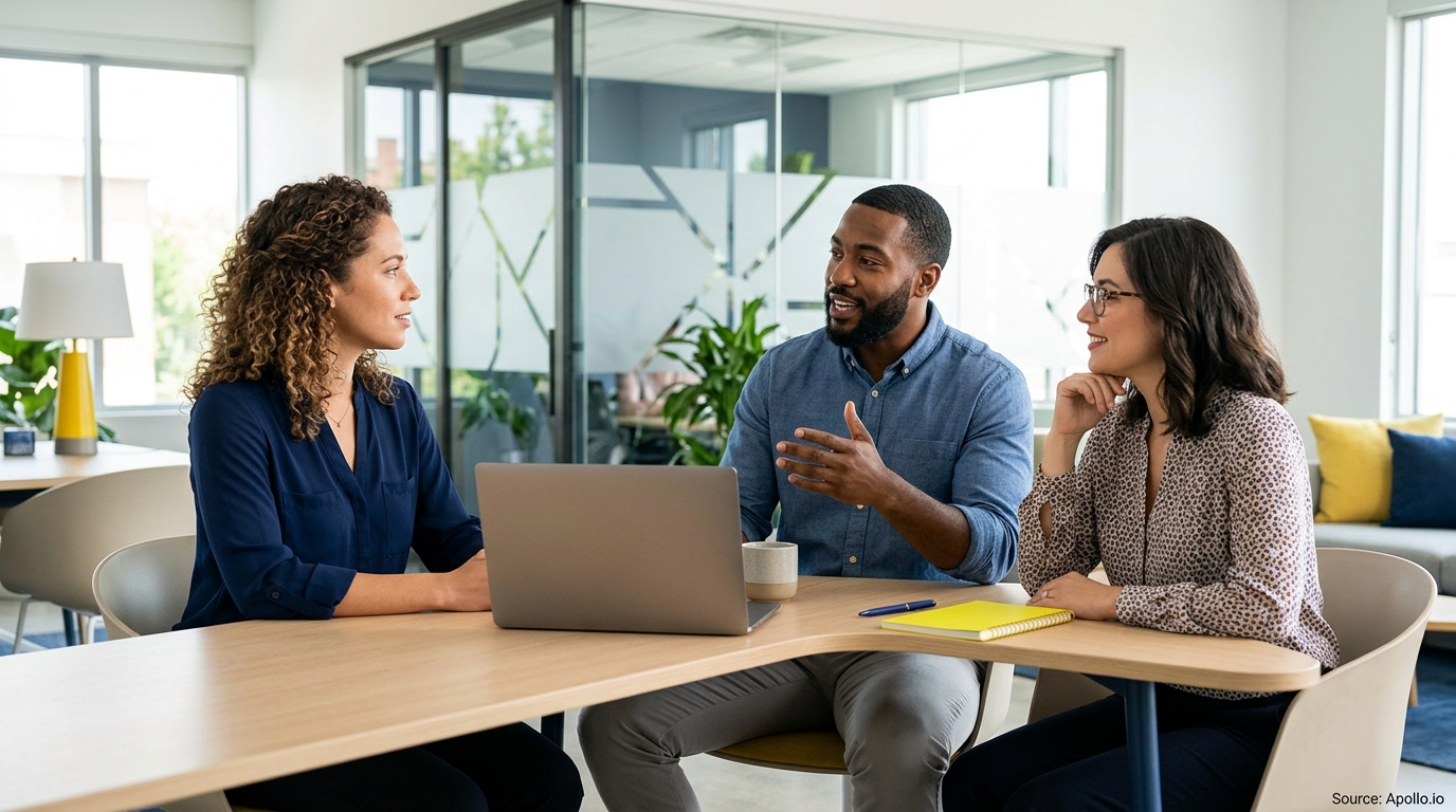 Three professionals discuss work around a laptop in a bright, modern office setting.