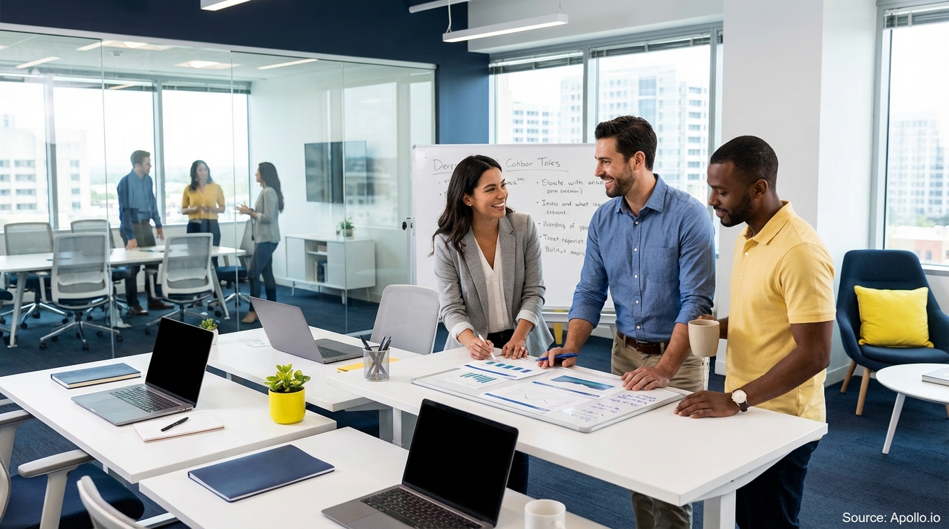 Sales team collaborating in a modern open-plan office in a sales team meeting