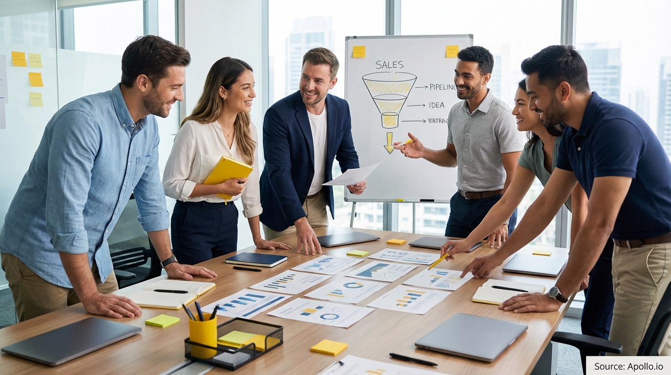 Sales professionals discussing strategy around a conference table in a sales team meeting
