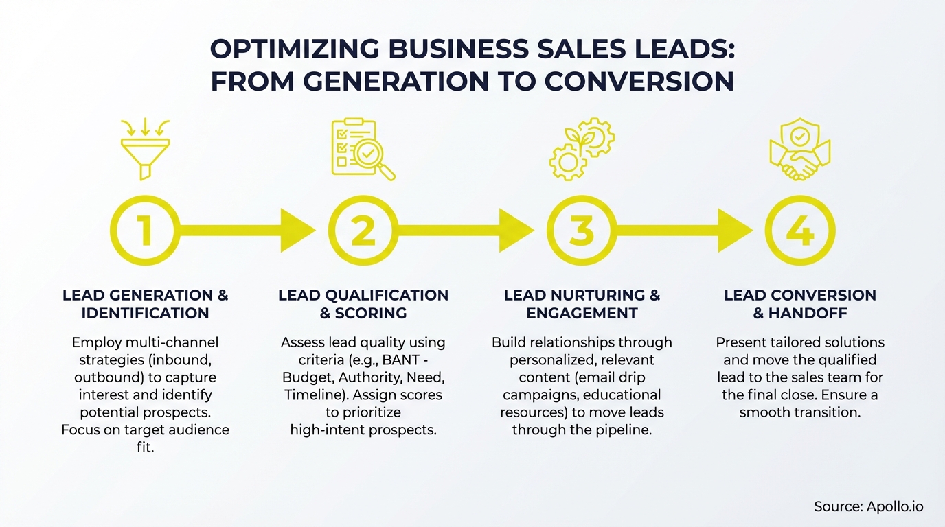 A four-step flowchart outlining the process of optimizing business sales leads from generation to conversion.