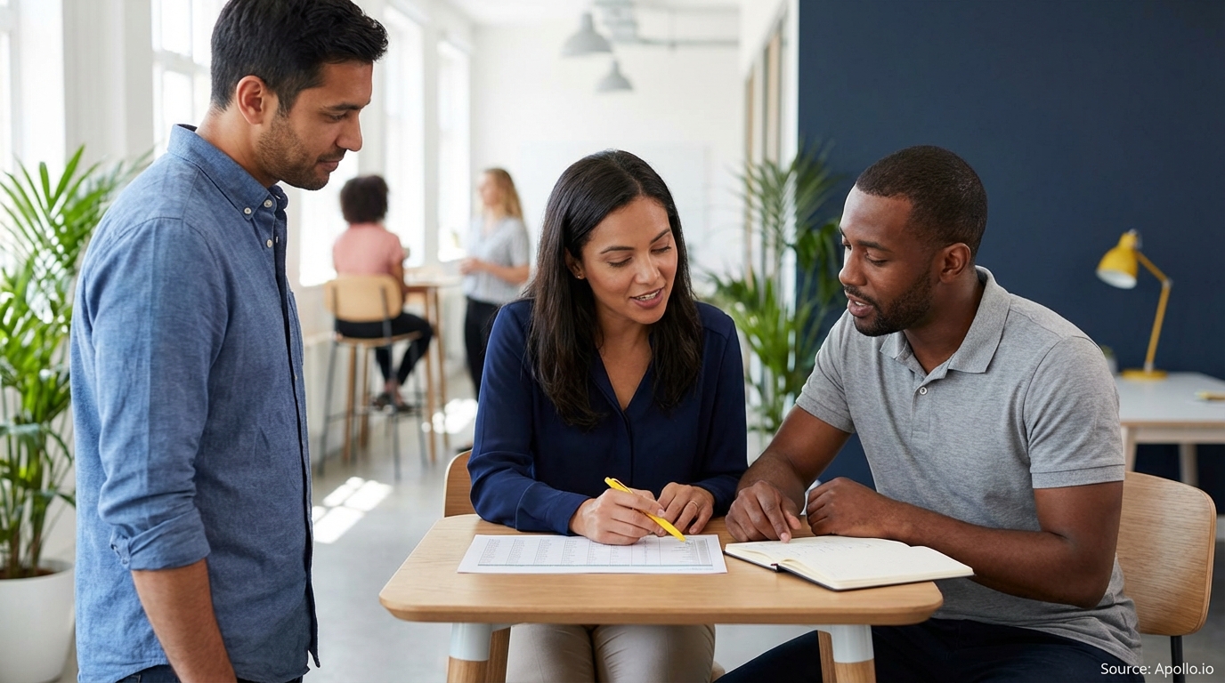 Three business professionals discussing documents at a modern office table.