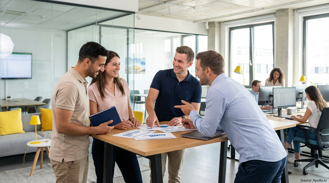 Sales team collaborating in a modern open-plan office in a sales team meeting