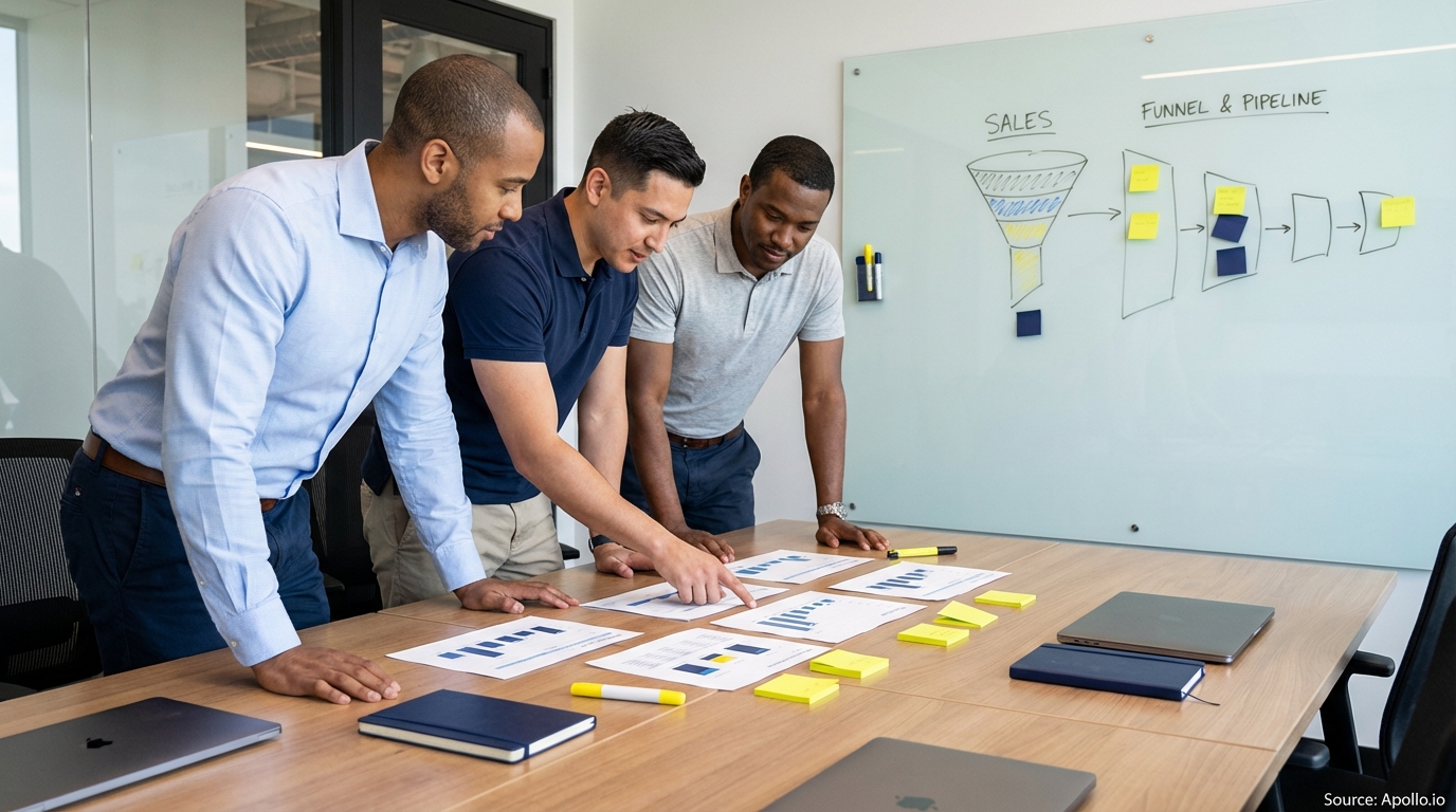 Sales professionals discussing strategy around a conference table in a sales team meeting
