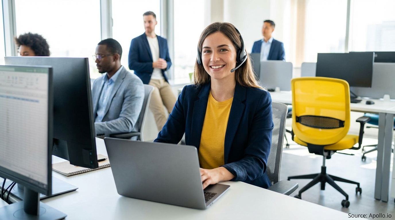 Sales development rep on a call wearing a professional headset planning outreach campaigns
