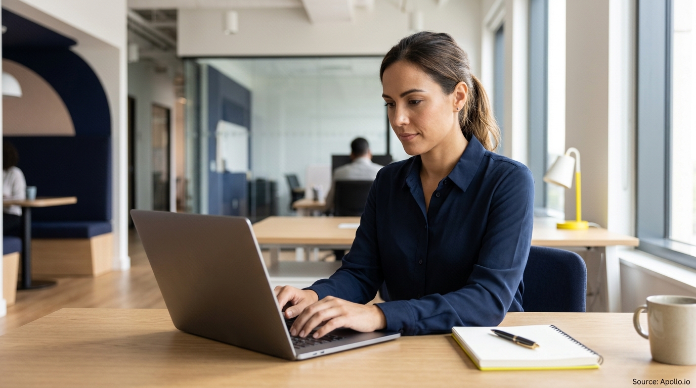 A woman types on a laptop at a wooden desk in a modern office with another person working.