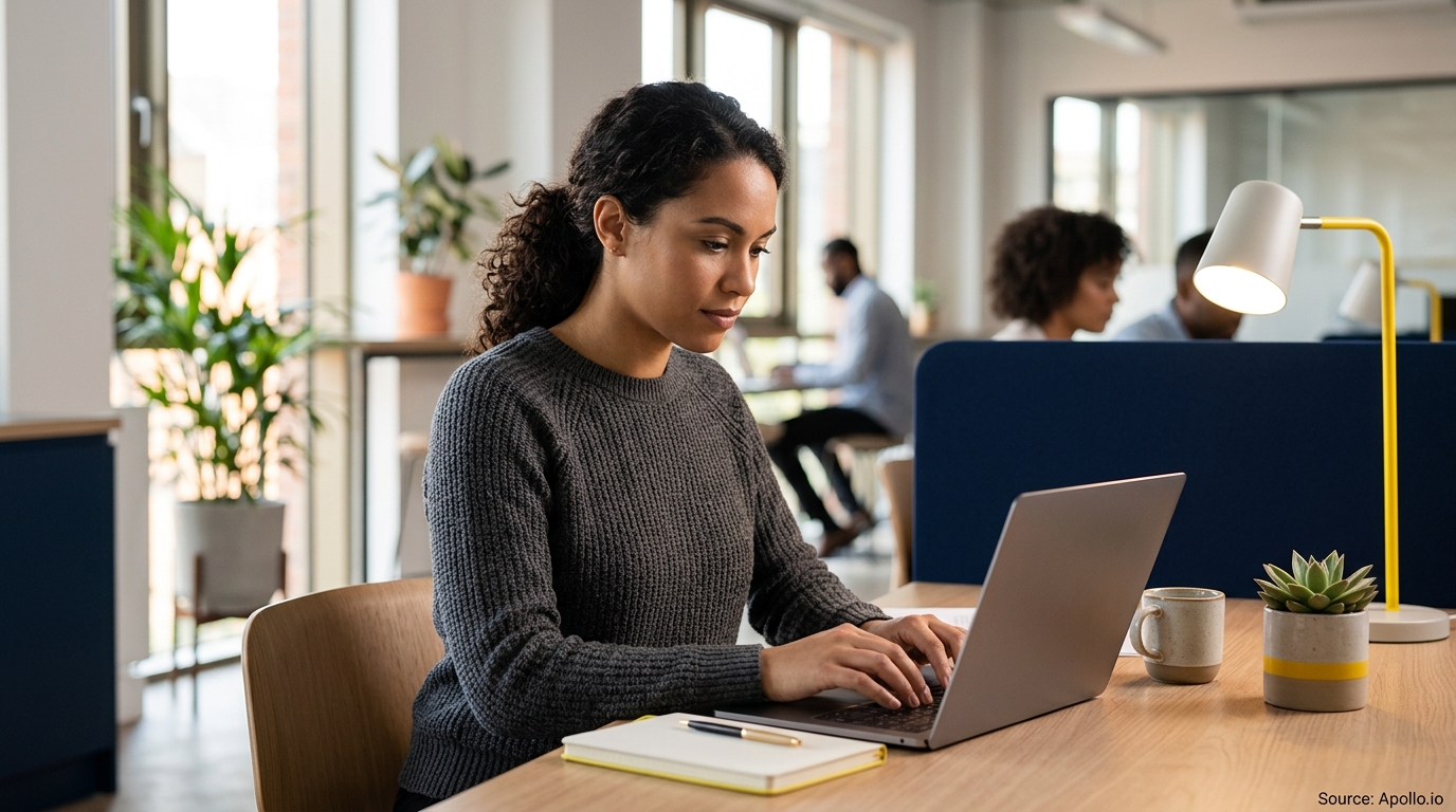 A woman types on a laptop at a desk while three colleagues work in a bright, modern office.