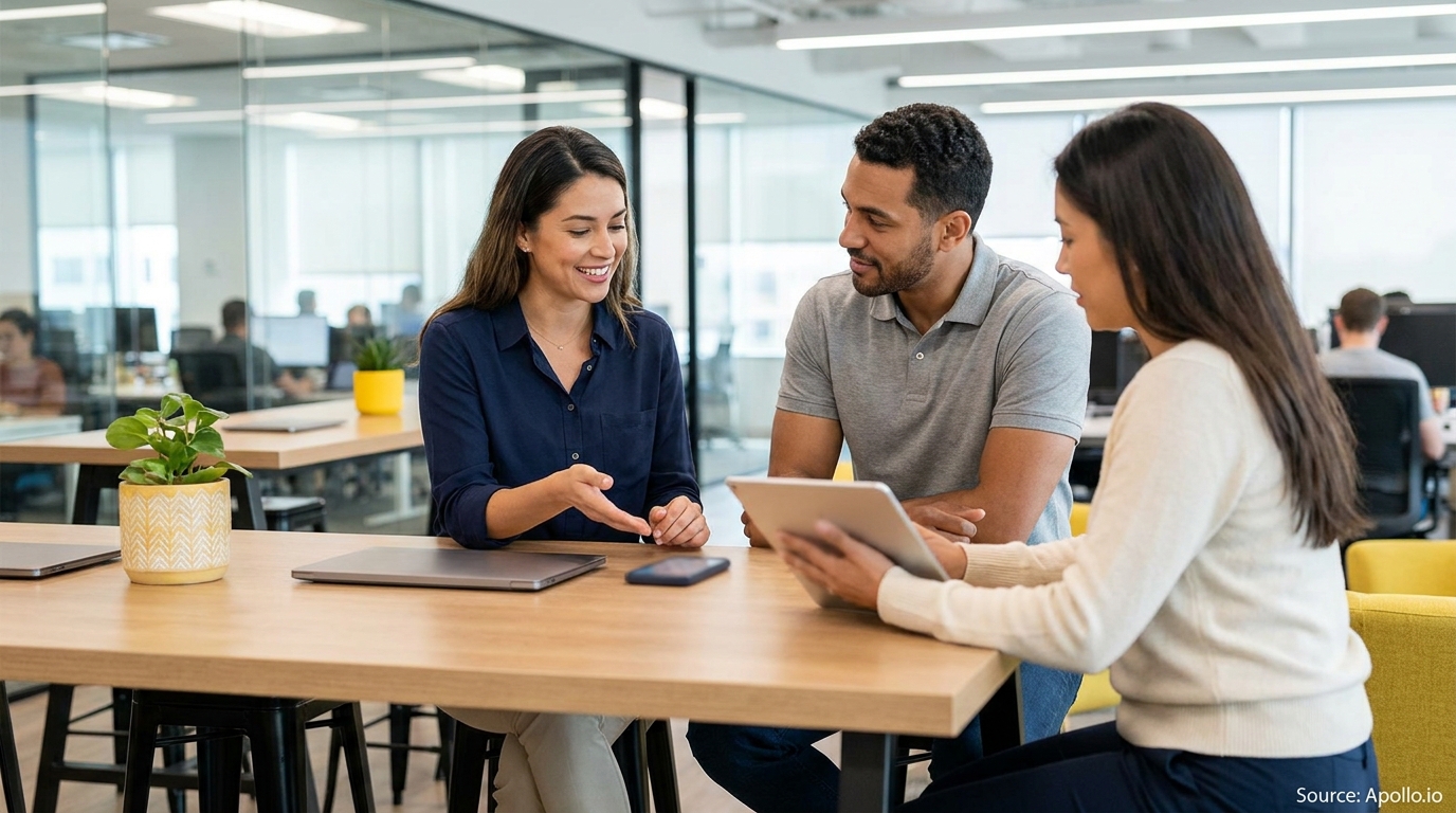 Three colleagues collaborate around a tablet in an open-plan office.