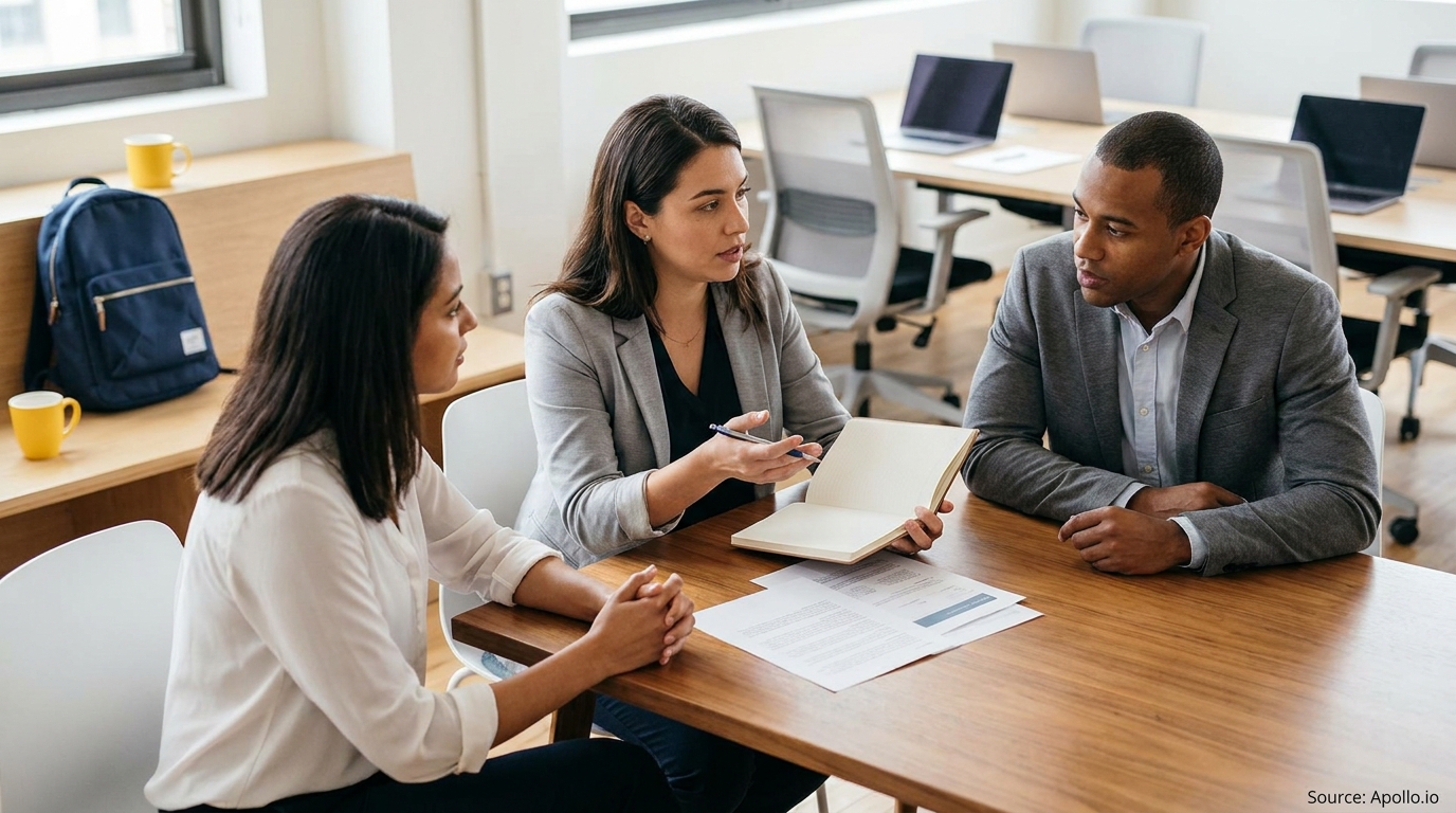 Three colleagues confer at a modern office table, one woman gesturing with a notebook.