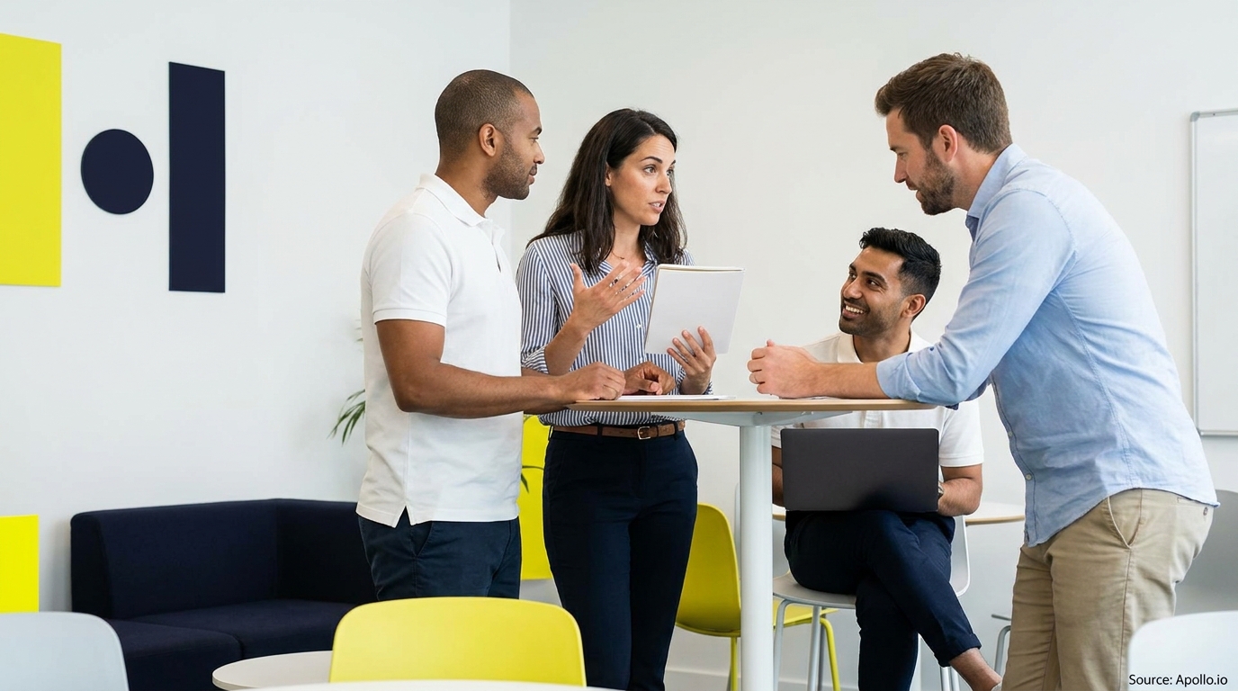Four colleagues actively discussing around a table in a bright, modern office with wall decor.
