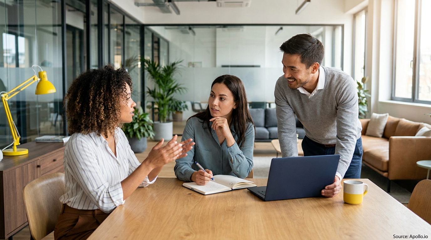 Three professionals meet at a wooden table in a bright, modern office.