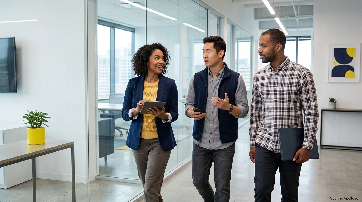 Three diverse professionals walk through a modern office hallway while talking and carrying digital devices.