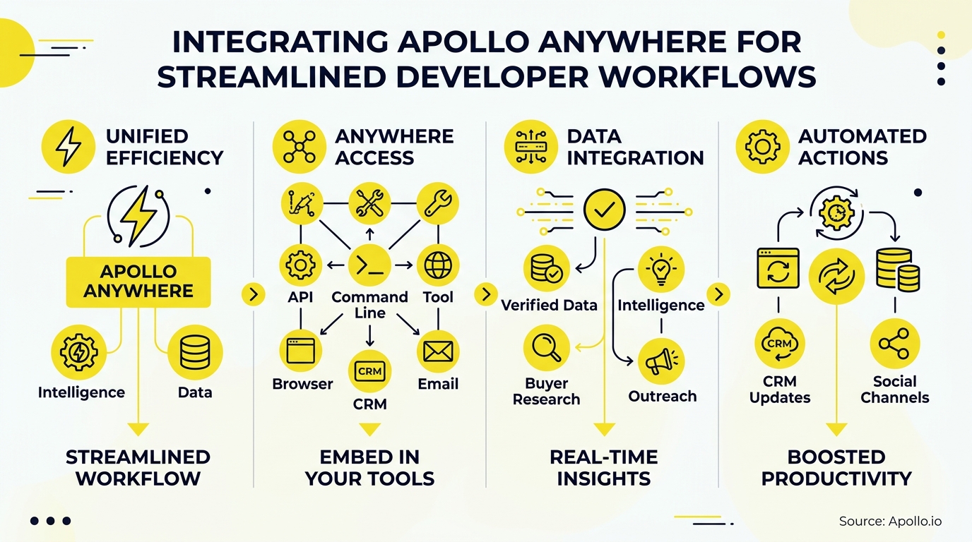 A yellow infographic illustrates a workflow connecting command line tools and APIs to data and automated business actions.
