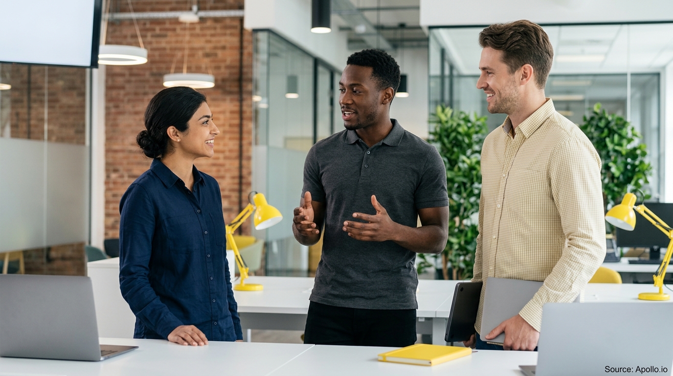 Three professionals talk and gesture while standing around a desk in a bright, modern open-plan office.