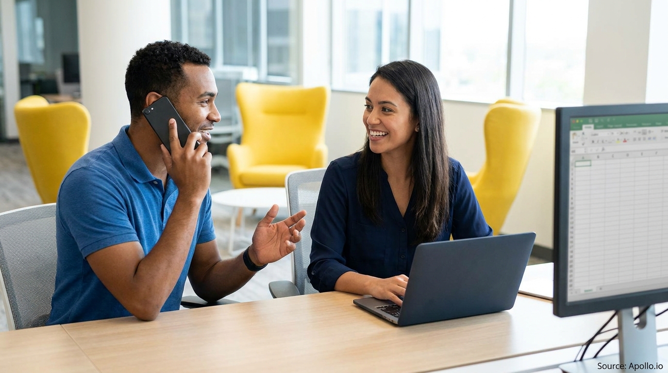 Two colleagues in a modern office, one on a call and one working on a laptop, both smiling.