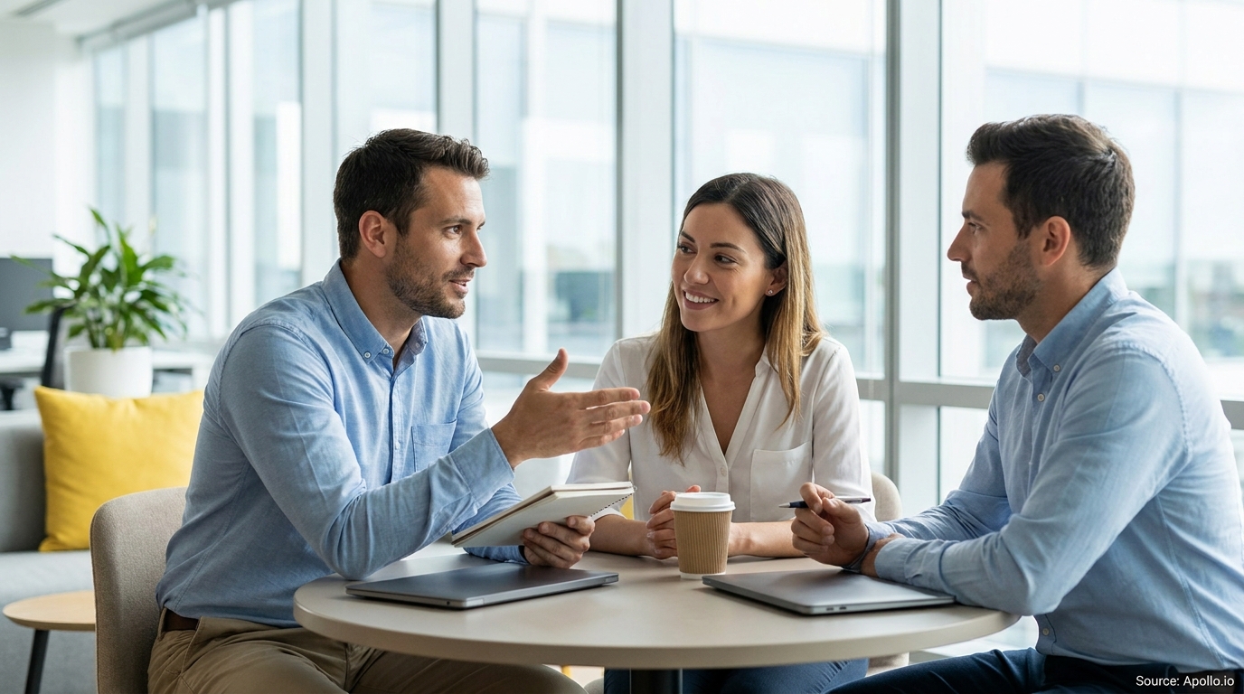 Three colleagues discuss at a modern office table, one gesturing, with laptops and coffee.