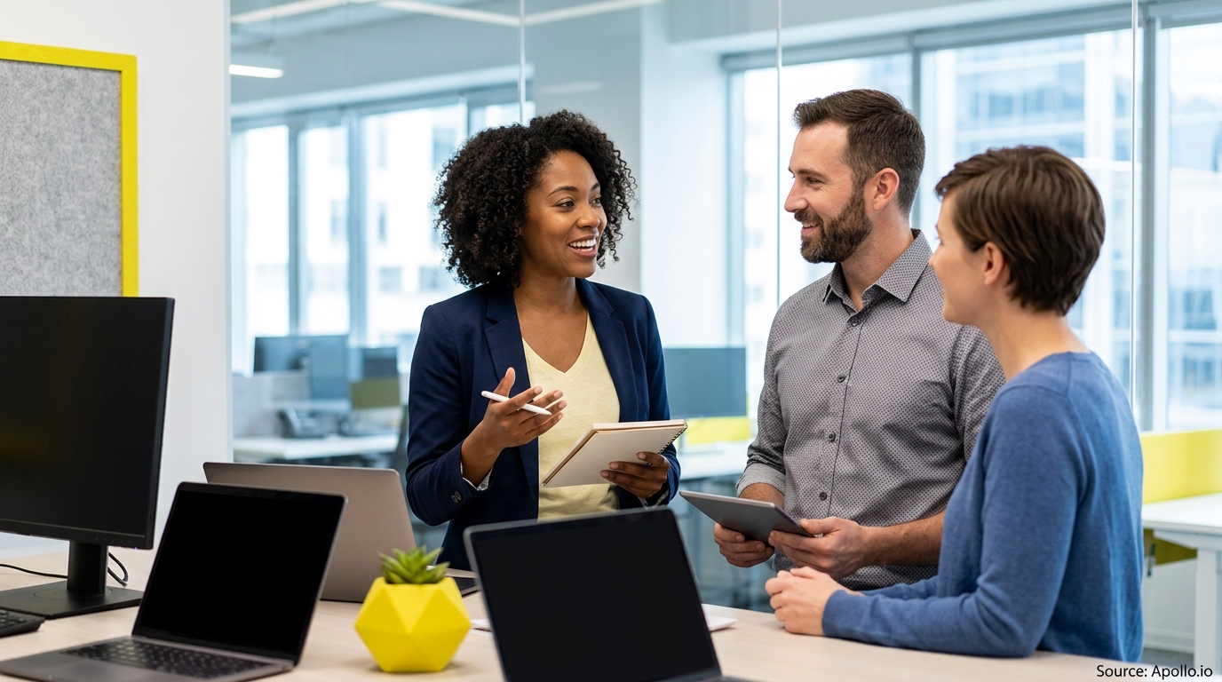 Three professionals smile and discuss business strategy in a bright, modern office with laptops and a tablet.