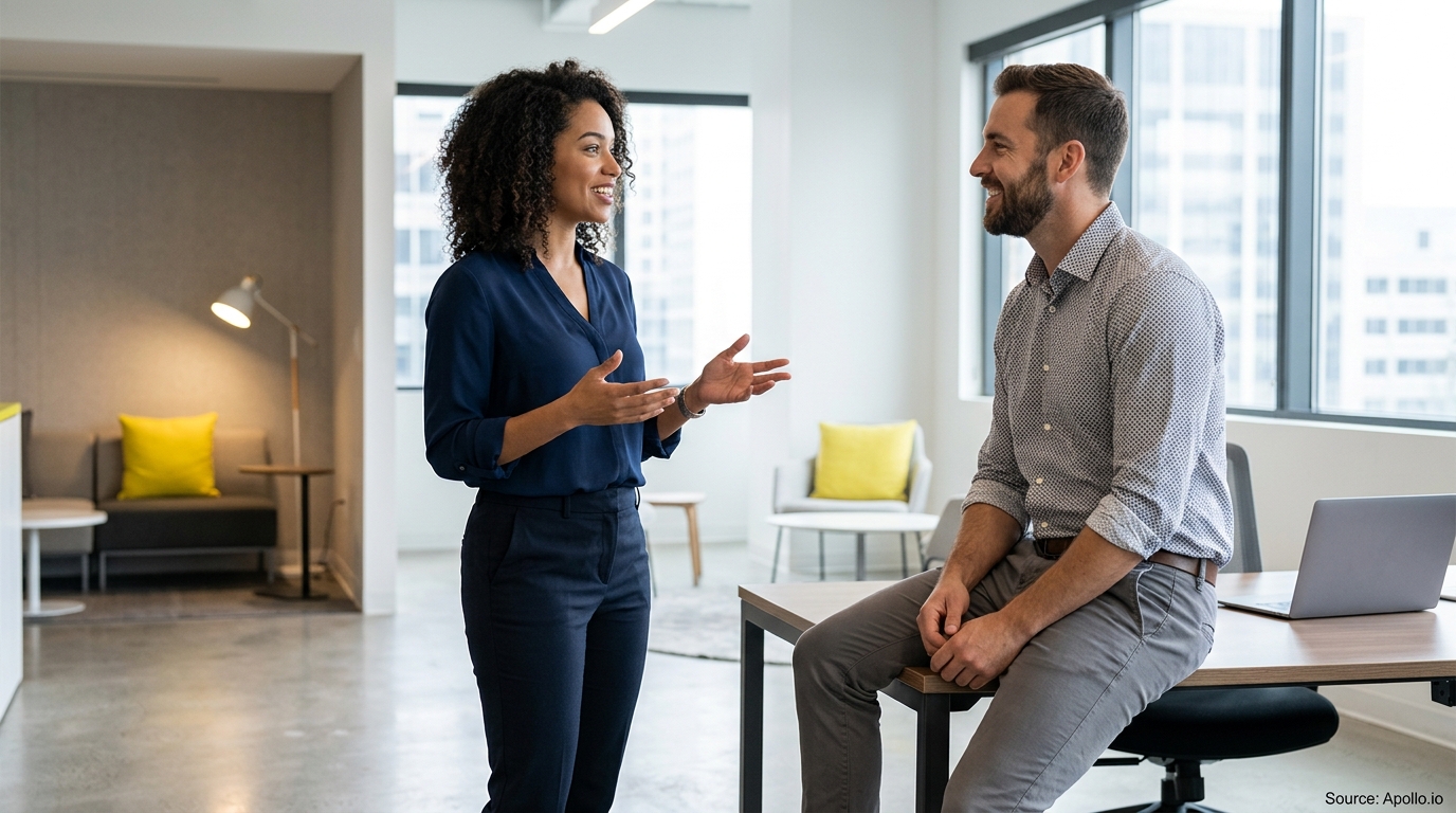 A woman gestures while talking to a man sitting on a desk in a bright, modern office.