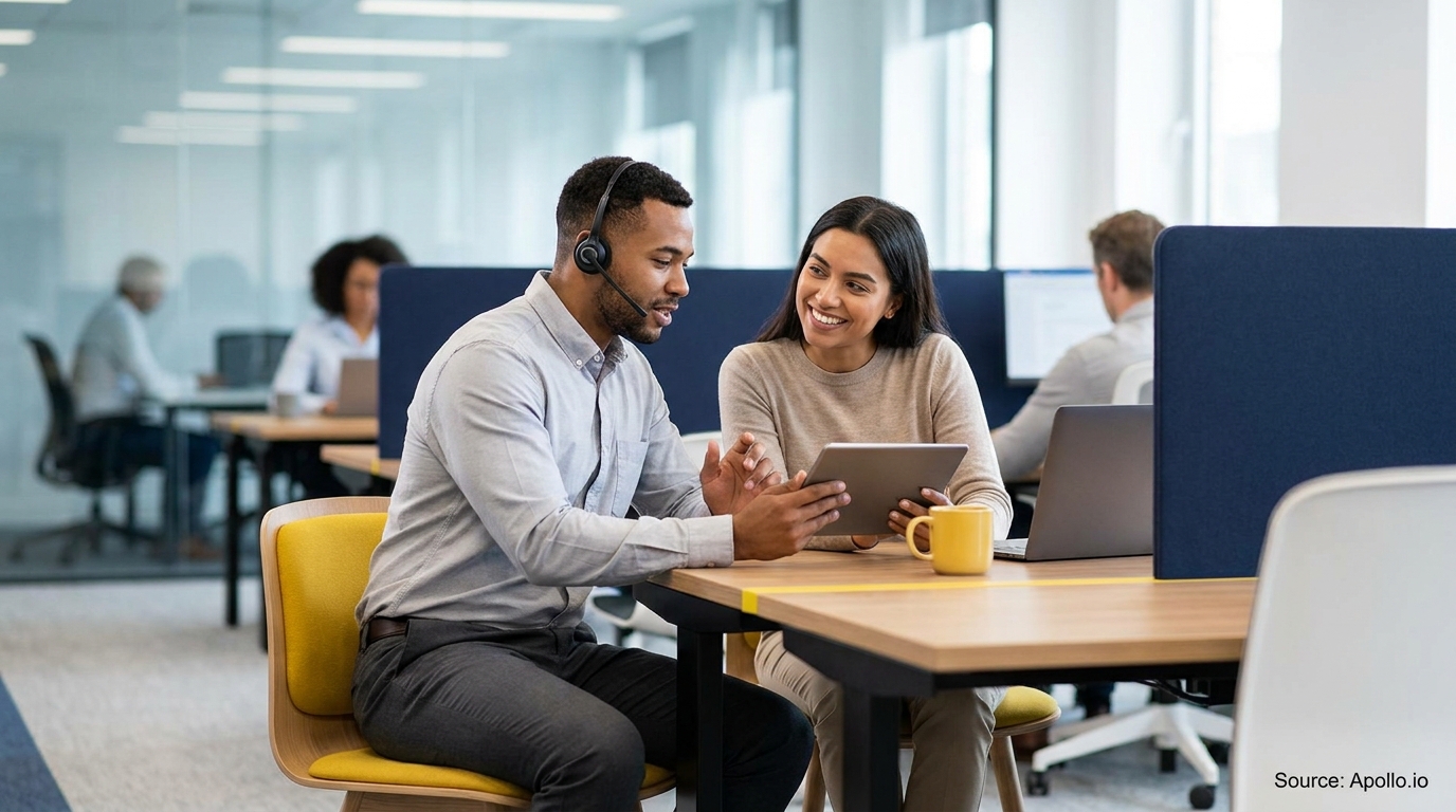 A man in a headset shares a tablet with a smiling woman in an open office.