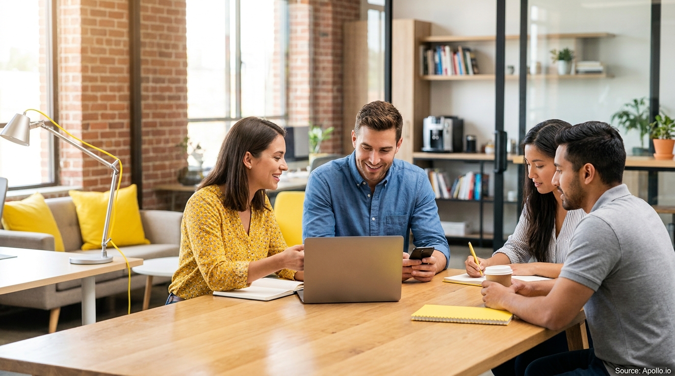 Four colleagues discuss ideas at a modern office table, using a laptop, phone, and notebooks.