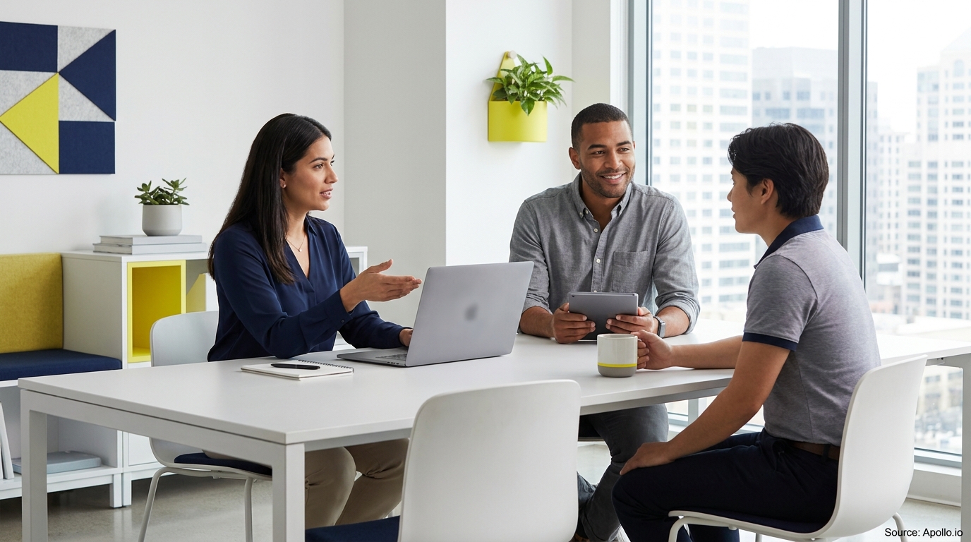 Three people discussing at a modern office table with a laptop, tablet, and city view.