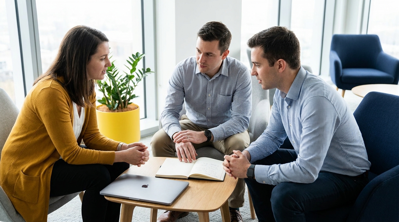 Three professionals discuss work around a coffee table with a laptop and notebook in a modern office.