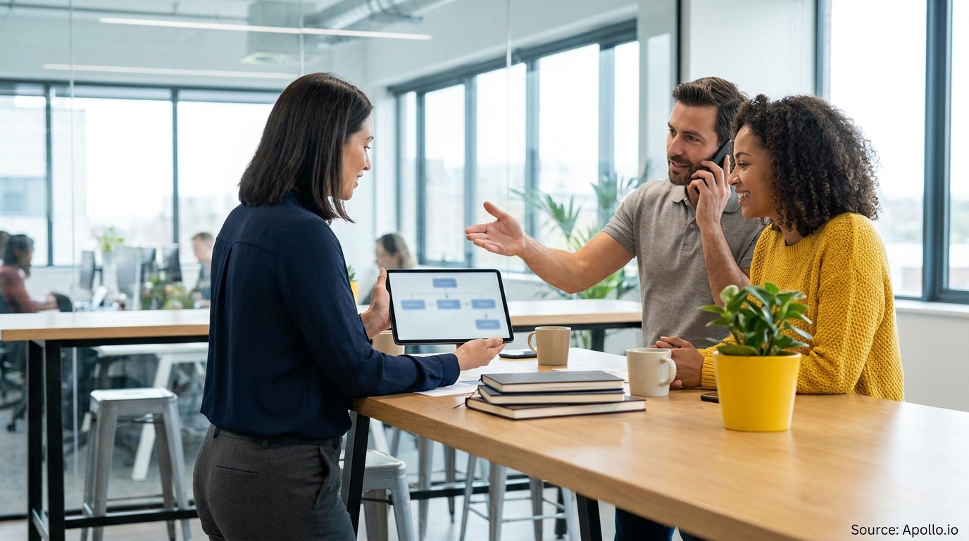 Three colleagues discuss a digital diagram on a tablet in an open-plan office.