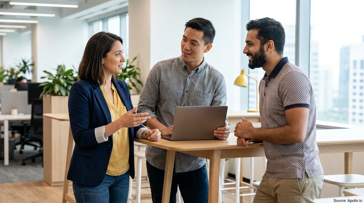 Three diverse professionals discuss at a laptop-equipped high table in a modern office.