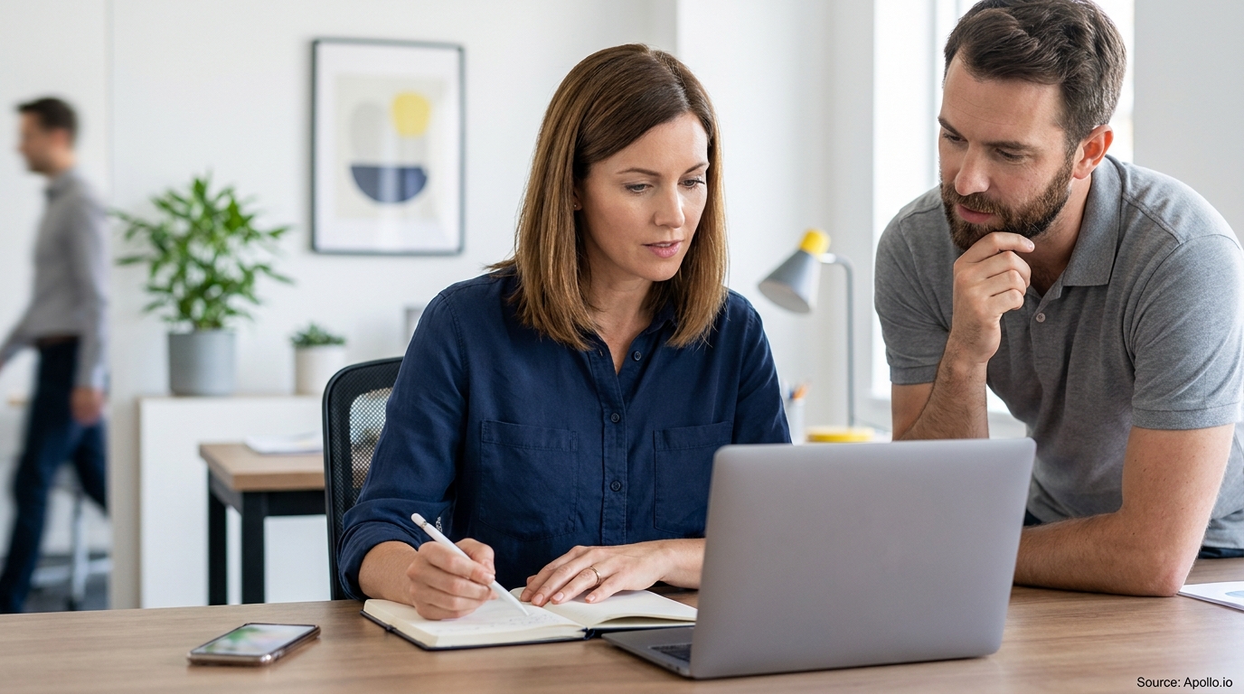 Two professionals collaborate on a laptop and notebook at an office desk, with a third person in the background.