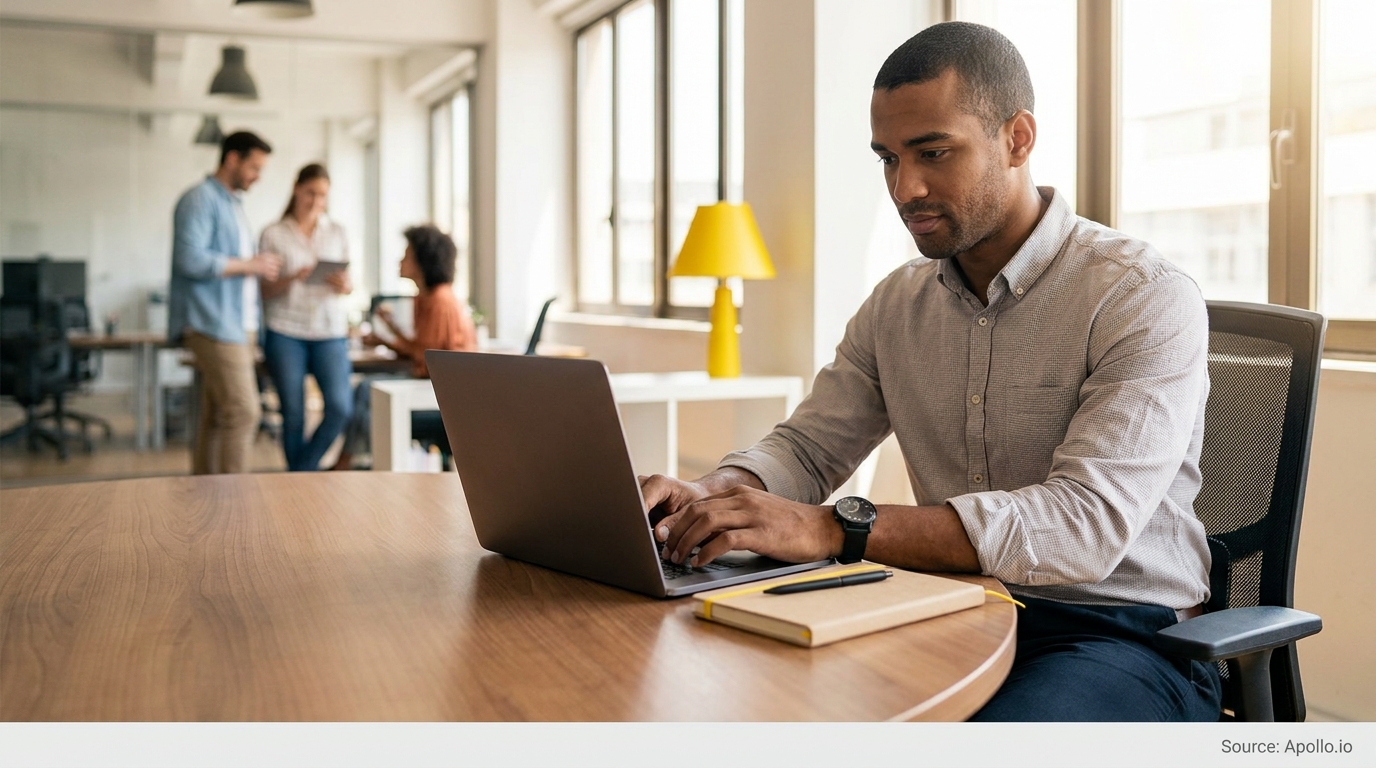 A man types on a laptop at a table in a modern office with colleagues working.