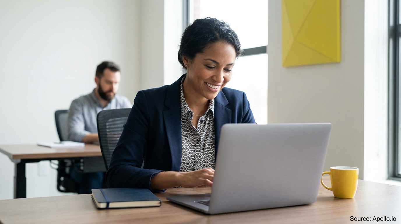 A smiling woman types on a laptop at an office desk while a man works in the background.