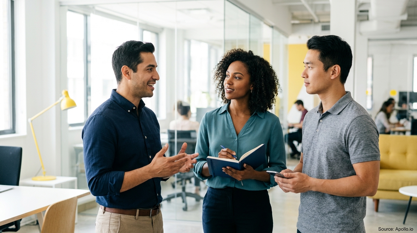 Three professionals stand in a bright, modern office discussing projects while one takes notes.