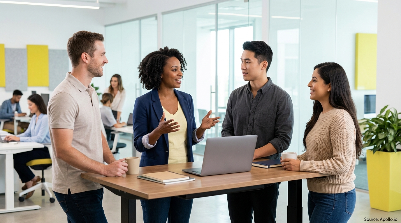 Four diverse professionals collaborate around a laptop at a standing desk in a bright, modern office.