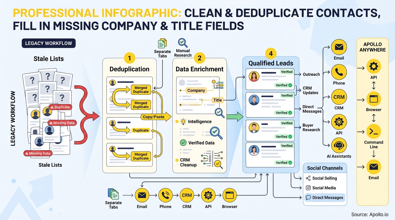 Flowchart showing multiple profile icons being merged and enriched with missing company and title data for verified lists.
