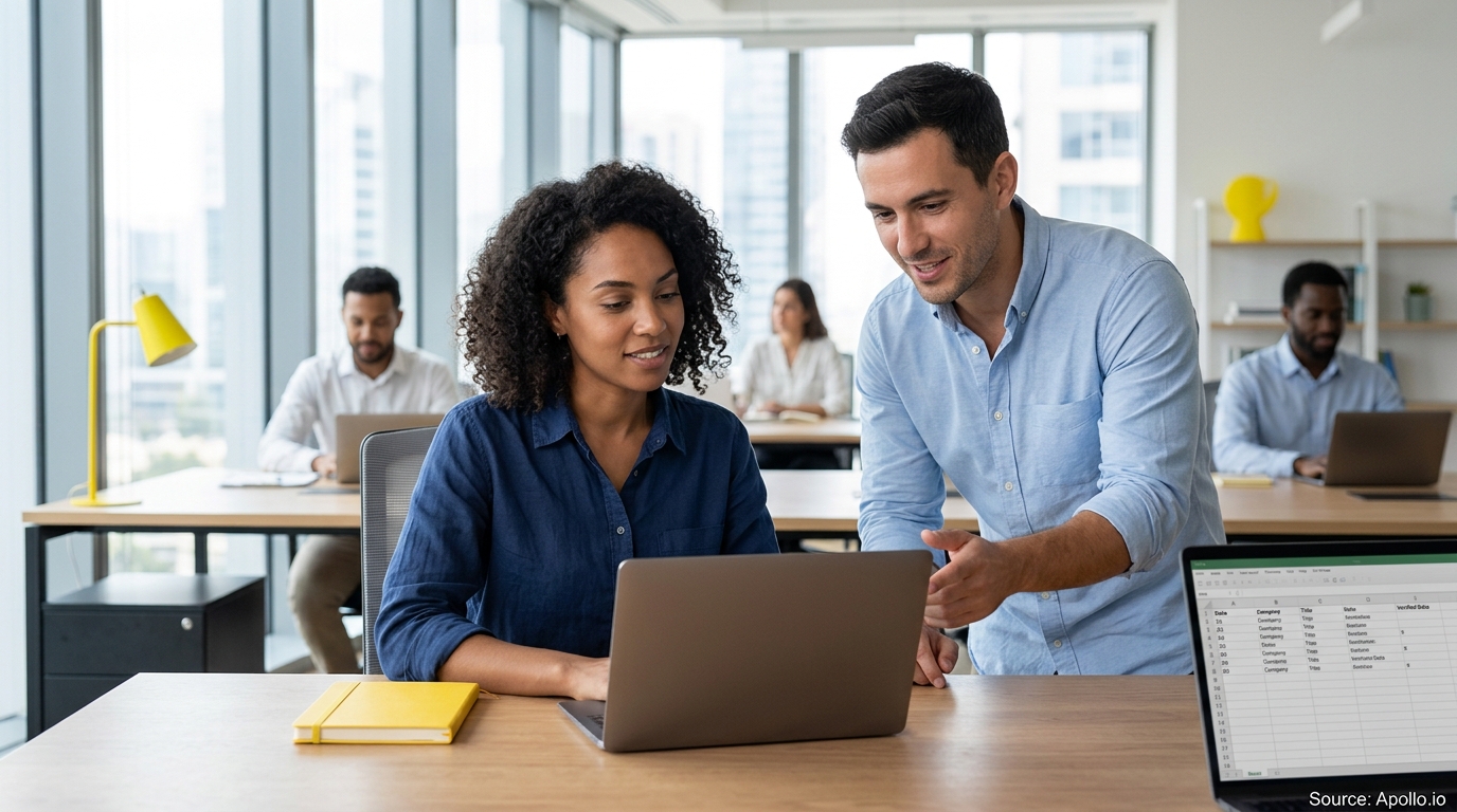 Two professionals collaborate on a laptop in a bright, modern office with several coworkers in the background.
