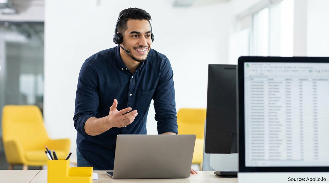 Sales development rep on a call wearing a professional headset planning outreach campaigns